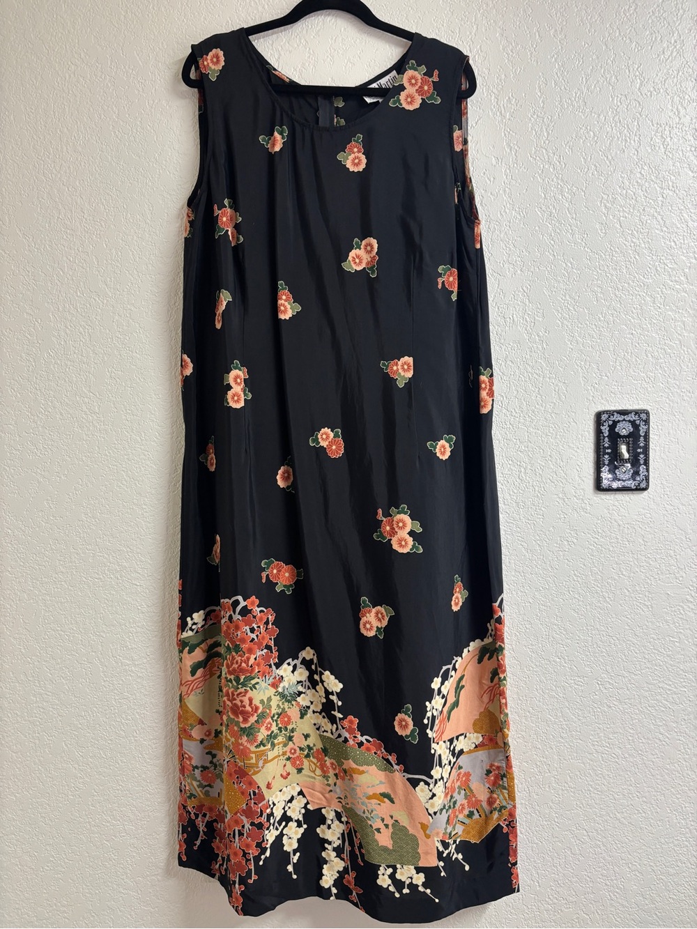 Vintage 90s Sheri Martin 22W Floral Border Print Rayon Art To Wear Midi Dress